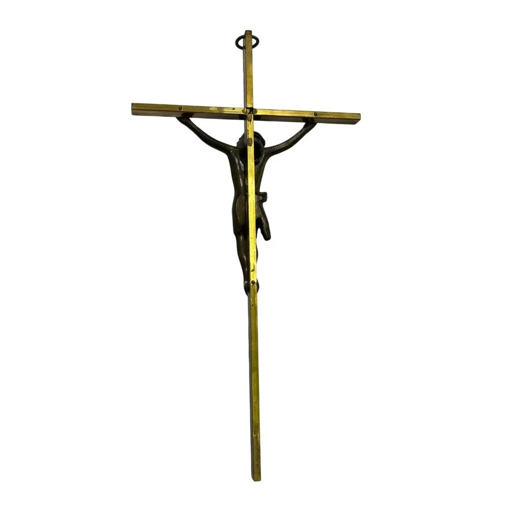 Vintage Brass Wall Crucifix INRI Hammered Metal Religious Cross Jesus Corpus 10" - Picture 3 of 9